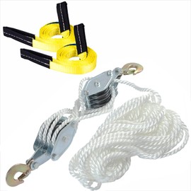 Rope Hoist Pulley 2 Ton 4000LB 65 Feet Wheel Block and Tackle System 7:1 Ratio Lifting Power with 2 Sling Strap