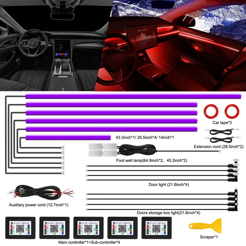Acrylic Interior Car LED Strip Light with Wireless APP, Car