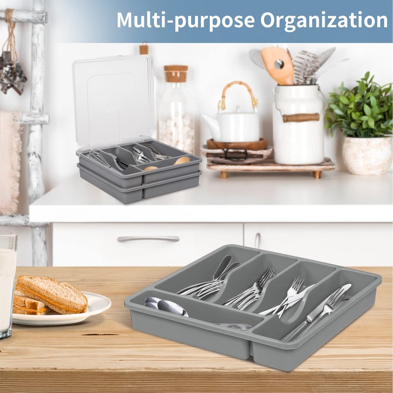 YICOCHI 2 Layer Large Silverware Tray with Lid,Stackable Utensil Organizer