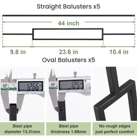 10 Pack Wrought Iron Railing, 44" x 1/2" Rectangular Hollow Staircase Baluster, Black Stair Spindles Balusters for Staircase Interior (5 Rectangular and 5 Straight)