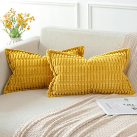 Artscope Mustard Yellow Cushion Covers Set of 2 Corduroy Decorative Square Striped Pillowcase with Stitched Edge Pillow Covers 30x50cm for Home Decor Sofa Bedroom Car