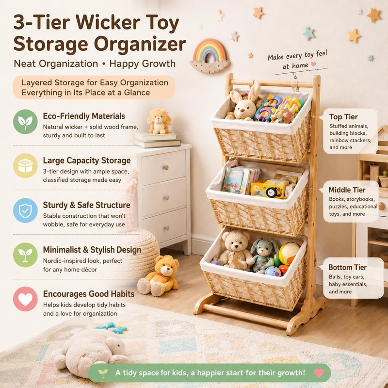 Three-Tier Floor-Standing Storage Rack, Hand-Woven Storage Basket, Vertical Storage Rack,