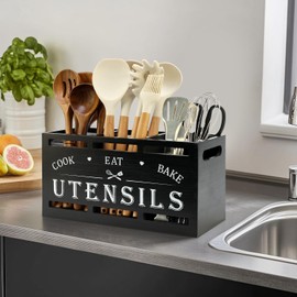 Extra Large Black Wood Utensil Holder Organizer Farmhouse Kitchen Decor Cutlery Spatula Holder Silverware Caddy Wooden Cooking Utensils Holder for Kitchen Countertop Utensil Crock Spoon Tools Holder