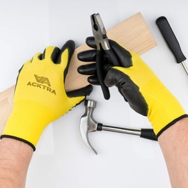 ACKTRA Ultra-Thin PU Safety WORK GLOVES 12 Pairs, WG002 Yellow/Black, Large