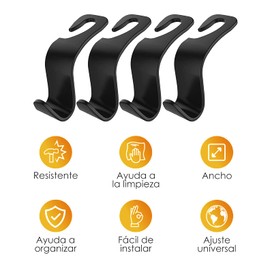KOTSE Ganchos para reposacabezas para asiento de coche. Pack de 4 ganchos. Perfecto para bolsas. Almacenamiento para Bolsas, Abrigos, Maletines, Bolsas del super. Color Negro.