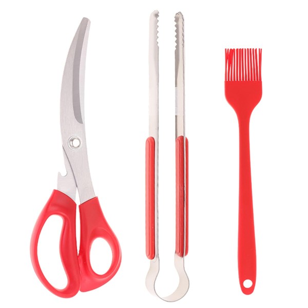 Korean Barbecue Scissors, Tongs and Silicone Basting Brush Set, Multipurpose