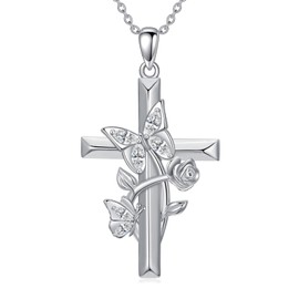 Cargari Butterfly Cross Necklace White April Birthstone 925 Sterling Silver Womens Butterfly Pendant Jewelry Gift for Mom Wife Grandma Mothers Day