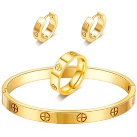 3 Pcs Gold Hoop Earrings Bracelets Ring Sets for Women-18K Gold Love Bracelet Cross Cuff Bangle Hoop Earrings Friendship Love Ring Jewelry Set,Wedding Party Christmas Valentine's Day Birthday Gifts
