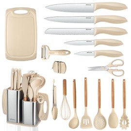 Juego de utensilios de cocina, herramientas de cocina de silicona de 18 piezas, cuchilde de acero inoxidable con afilador y accesorios, caqui         