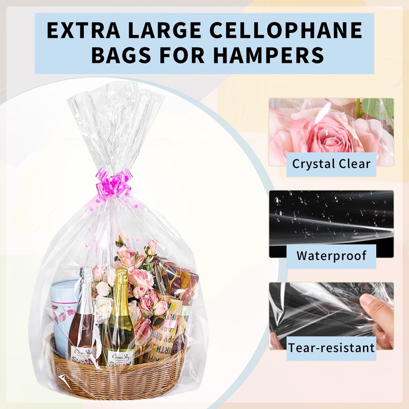 12 PCS Extra Large Cellophane Bags for Hampers, 30"X40" Hamper