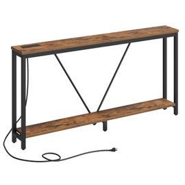 HOOBRO 63" Console Table with Charging Station, 2-Tier Extra Long Sofa Table with V-Brace, for Narrow Space, Entryway Table for Entryway, Hallway, Living Room, Rustic Brown BF166UXG01