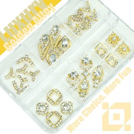 qiipii 28pcs Luxury Nail Charms Alloy Charms for Nails 14 Pair 3D Gold Nail Art Rhinestones Nail Gems Golden Nail Crystal Diamonds Jewelry Stones Studs Nail Art Supplies for Nails Decor Crafts DIY