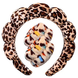 Spa Headbands for Washing Face Wristband Set Sponge Makeup Skincare Headband Wrist Towels Bubble Soft Terry Towel Cloth Hairband for Women Puffy Headwear Non Slip Thick Thin Hair Headwear (Leopard)
