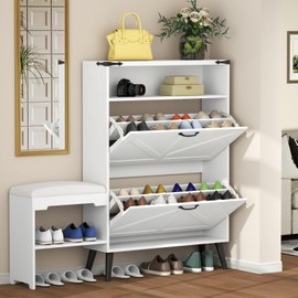 Loomie Shoe Cabinet with 2 Flip Drawers, Freestanding Tipping Bucket Shoe Rack Organizer with Top Cubby & Bench, Farmhouse Narrow Slim Hidden Shoe Storage Cabinet for Entryway, Hallway,Bedroom (White)