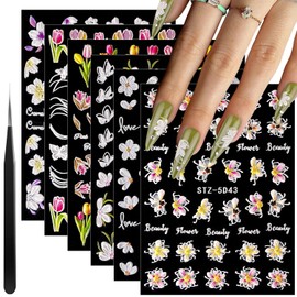 6 Sheets 5D Flower Nail Stickers for Nail Art, 3D Embossed Hollow Butterfly Pegatinas Uñas Nail Accessories Self Adhesive Colorful Floral Lace Nail Art Decals Supplies for Women Spring Summer