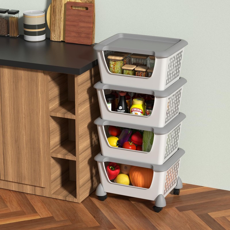 Joyeen 5 Pack Plastic Stacking Baskets with Wheels and Lids,