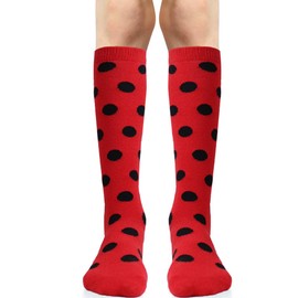 JuDanzy - Calcetines altos hasta la rodilla con empuñaduras para bebés, niños pequeños y niños, Puntos de catarina rojos y negros, 6-10 años
