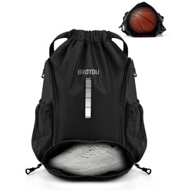 BROTOU Waterproof Drawstring Sports Backpack, Unisex PE Backpack Gym Bag with Large Shoe Bag, for Football, Basketball, Volleyball (Black)