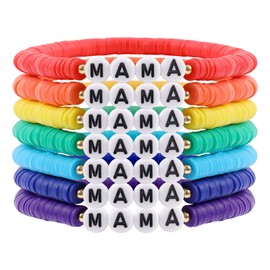 Rainbow Heishi Surfer Bracelets Set for Women Stackable MAMA Clay Disc Colorful Beaded Stretch Bracelets Elastic Layered Friendship Bracelets for Women Boho Summer Beach Jewelry Gift for Mom