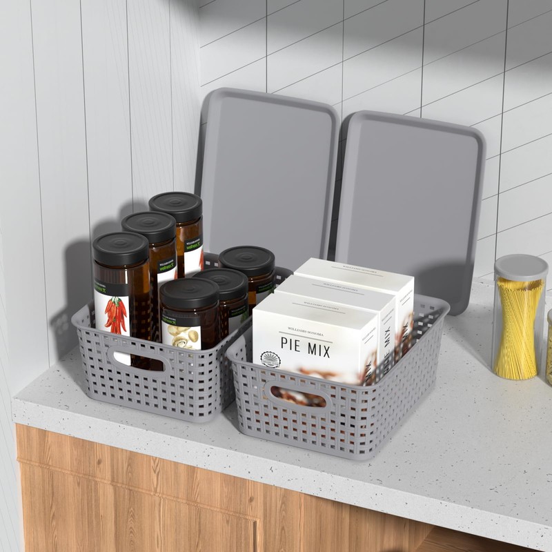 Wekioger Small Plastic Woven Basket, 6 Pack Grey Lidded Storage