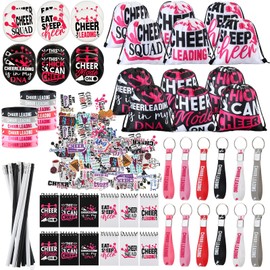 Lenwen 128 Pcs Cheerleading Party Favors Cheer Gifts for Girls Cheer Drawstring Backpack Bags Keychain Bracelets Badge Pins Sticker Pencils Spiral Notebooks for Birthday Party Supplies
