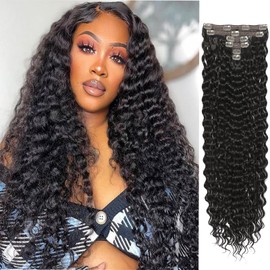 26 Inches Deep Wave Clip In Hair Extensions Full Head 6 Separate Pieces Heat Resistance Black Synthetic Deep Curly Clip in Hair Pieces 174g (2#, DEEP 26 inch)