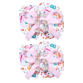 3.5in Glittery Happy Birthday Ribbon Hair Bow Clips for Teens Toddler Girls Pink Sprinkle Confetti Ice Cream Party Dress Pigtail Decoration Accessories for Kids 5th Birthday
