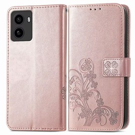 RankOne Leather Case for HMD Pulse/HMD Pulse+ (6.65 Inches), Wallet Case with 3 Card Slots, 1 Coin Pocket, Four-Leaf Clover Pattern - Rose Gold