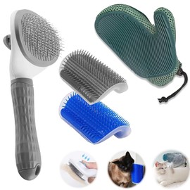 4-Piece Cat Grooming Essentials: Automatic Cleaning Slicker Brush, Massage Glove, and 2 Wall Scratchers for Hair Removal, Knot Untangling, and Soothing Care, Suitable for Cats with Any Fur Type.