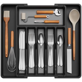 Lifewit Silverware Drawer Organizer, Expandable Utensil Tray with Non-Slip TPR, Deep Flatware Cutlery Holder, Adjustable Plastic Kitchen Storage for Spoons Forks Knives, Large, Black and Gray