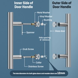 Ranbo Brushed 8" (CTC) Back to Back Shower Door Handle, 12" Length, Heavy Duty 1mm 304 Stainless Steel Pull, Fits 1/4"-1/2" Glass Doors & 1-3/8"-2-3/16" Barn Doors