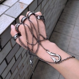 Zaky HXH Kurapika Five Finger Rings Bracelet Punk Layered Chain Tassel Bracelet Anime Cosplay Earrings with Sticker 22 pcs