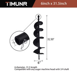 Timunr 6 Inch Earth Auger Drill Bits for Planting, 6 x 31.5 Gasoline Engine Auger Post Hole Digger Drill Bits, Bulb Planter Tool with 3/4 Shaft