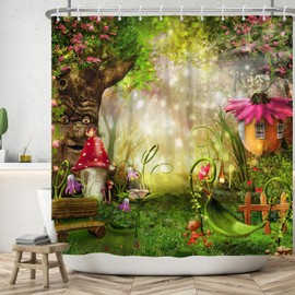 Arrebolart Spring Enchanted Forest Shower Curtain Fairy Mushroom Bathroom Decor Colorful Flower Plant Wonderland Shower Curtain Set for Bathroom Waterproof Fabric with Hooks, 72Wx72L