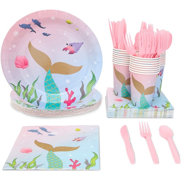 Juvale Mermaid Birthday Party Supplies, Disposable Dinnerware Set (Serves 24, 144 Pieces)