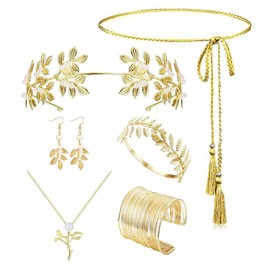 Boarle 6-Piece Greek Goddess Costume Accessory Set for Women Golden Laurel Greek Goddess Costume Accessory Set, Elegant Toga Outfit with Gold Laurel Crown, 2 Gold Leaf Bracelets
