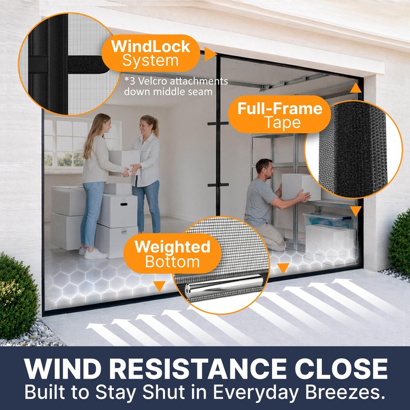 2 Car Garage Door Screen Magnetic Self-Closure- Retractable Fiberglass Mesh