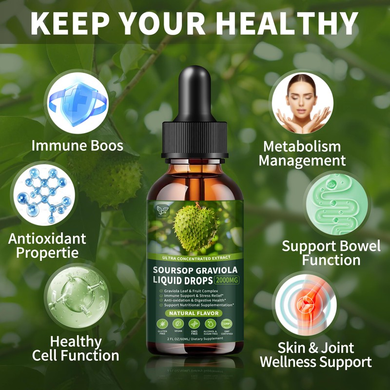 Soursop Graviola Liquid Drops 2000mg, 98% Absorption for Cell Support
