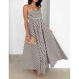 KMBANGI Women Striped Sleeveless Maxi Dress Swing Cutout Midi Dress Backless Smocked Spaghetti Strap Boho Flowy Long Sundress(Brown Stripes,L)