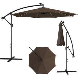 HAPPYGRILL 10FT Solar-Powered Patio Umbrella with 112 LED Lights, Tilt Design, Crank Handle, Cross Base Stand, Outdoor Offset Hanging Market Umbrella for Pool Garden Yard Deck