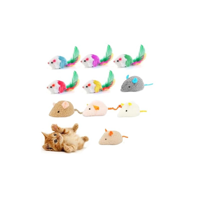 Gotvspt 10PCS Cat Mice Toys,Interactive Mouse Cat with Feather,Catnip Toys