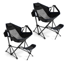 GYMAX Hammock Camping Chair, Folding Camp Chair with Detachable Footrest, Adjustable Backrest, Pillow, Cup Holder & Carry Bag, Portable Rocking Camping Chairs for Beach Lawn Fishing (2, Black)