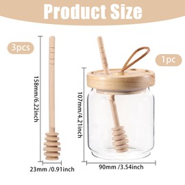 beinkmake Honey Pot 9.3 oz Airtight Glass Honey Jars with 3Pcs Wooden Honey Dippers Stick Set Storing Honey Syrup Dispenser Containers with Wooden Lid for Home Kitchen