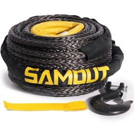 SAMOUT Synthetic Winch Rope Cable Kit: 3/8in x 92ft 25500LBS with Protective Sleeve + Forged 35000LBS Winch Hook + Safety Pull Strap,Yellow