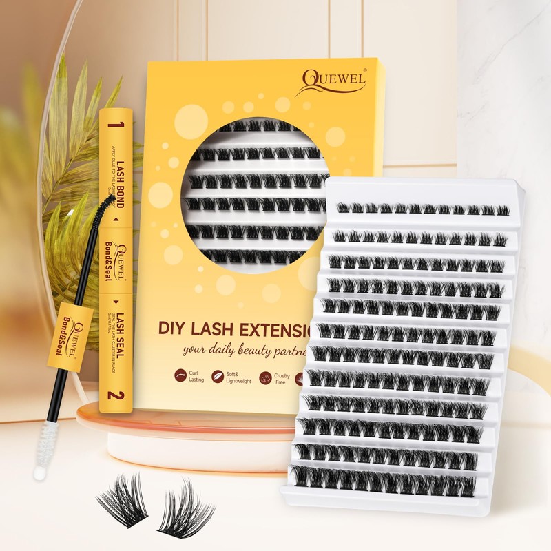 QUEWEL DIY Lash-Extensions Kit MIX10-18mm Lash-Clusters with Bond&Seal Super Hold,