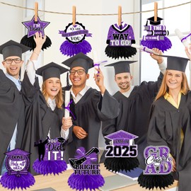 Purple Graduation Decorations Class Of 2025 Honeycomb Centerpiece,12pcs Purple and Black Graduation Table Decorations Congrats Graduation Centerpieces for Tables