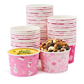 ROYAL BLUEBONNET Disposable Pink Christmas Soup Bowls – 48 8 oz Pink Winter Snack Cups, Pink Christmas Party Decorations, Pink Paper Bowls for Chili, Holiday Ice Cream Cups, Pink Holiday Snack Cups