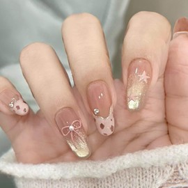 Hkanlre Gold Fake Nails Tips French Bow Press on Nails Full Cover Medium False Gradient Almond Nails for Women 24PCS