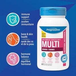 Progressive Health Progressive Advanced Daily Multivitamin for Adult Women, with DIM, Chastetree Berry, and Maca. Supports Immune Health, Energy and Hormone Health, 100% Complete, Canadian-Made, 60 Count