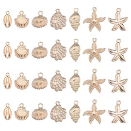 SUNNYCLUE 1 Box 28Pcs Shell Charms Starfish Charms Bulk Summer Hawaii Ocean Conch Seashell Charm Light Gold Alloy Sea Animal Holiday Charm for Jewelry Making Charms DIY Earrings Bracelets Supplies